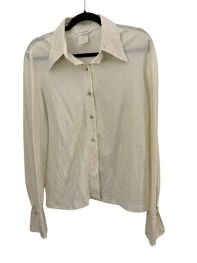 Alex Colman Vintage Blouse White Metallic Thread Rhinestone Buttons Tag=16